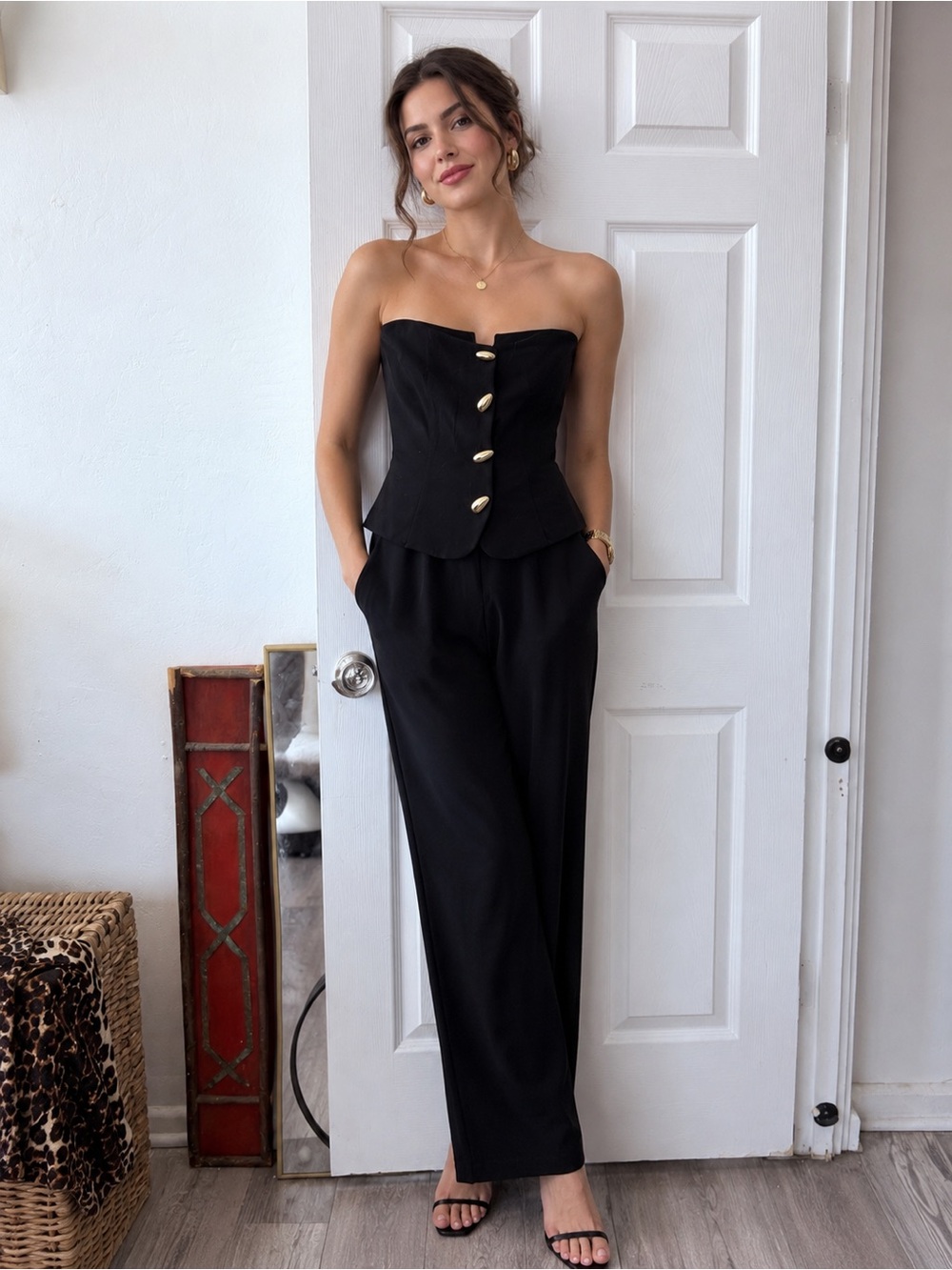 Madden Girl Black Strapless Wide Leg Jumpsuit Gold Button Detail NWT Size Medium
